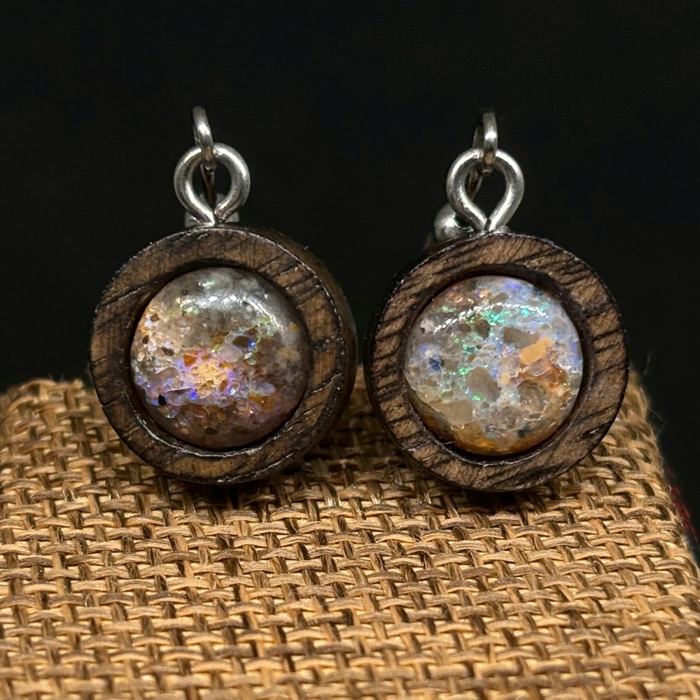 Louisiana Hidden Fire Opal Drop Earrings Set In Custom Natural Eucalyptus Wood